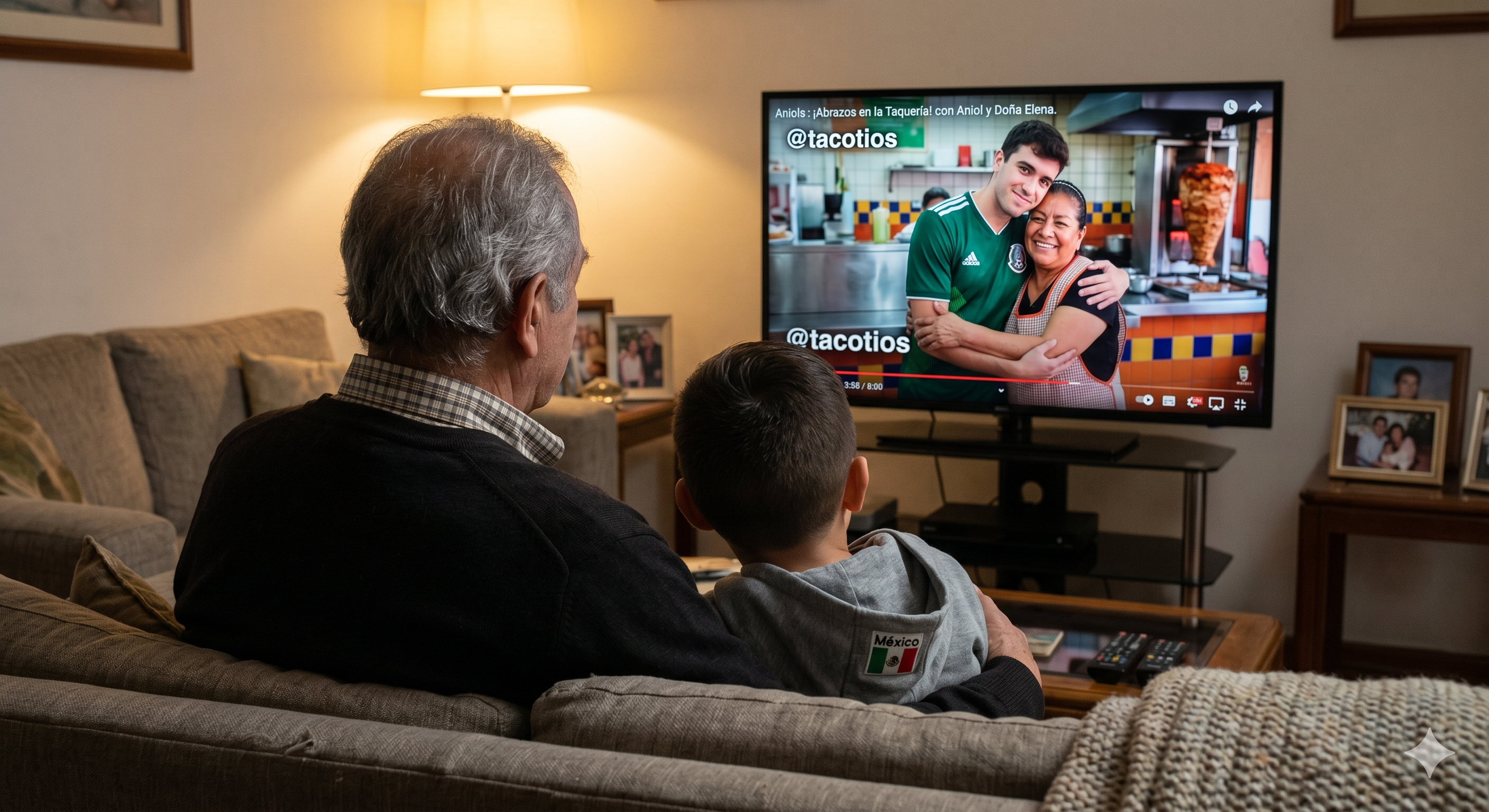 Un abuelo y su nieto viendo en la televisión un video de @tacotios abrazando a una doña en una taquería